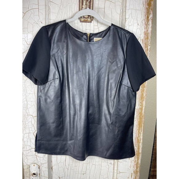 Michael Kors Tops - Michael Kors Women's Faux Leather Contrast Sleeve Top Black Size 8